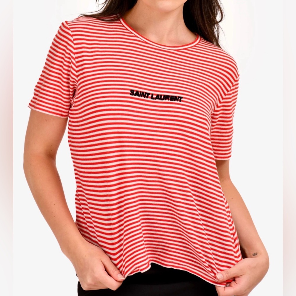 Saint Laurent Paris Red & White Striped Logo Tee